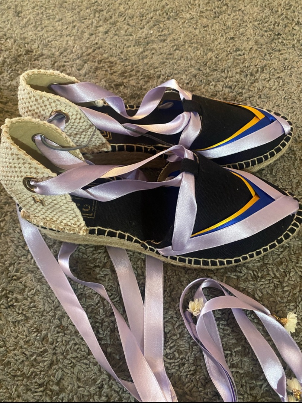 Women’s handmade Lavender Ribbon Espadrille with Blue Accent